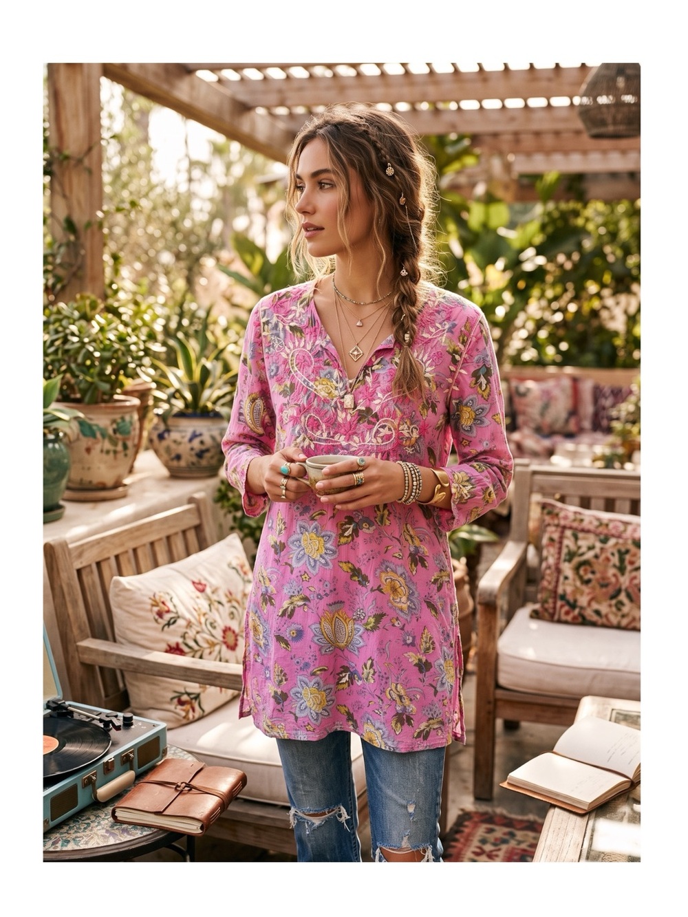 Raj ❤︎︎ Heart Embroidery Tunic Top Dress ❤︎︎ Pink Floral ❤︎︎ Made in India ❤︎︎